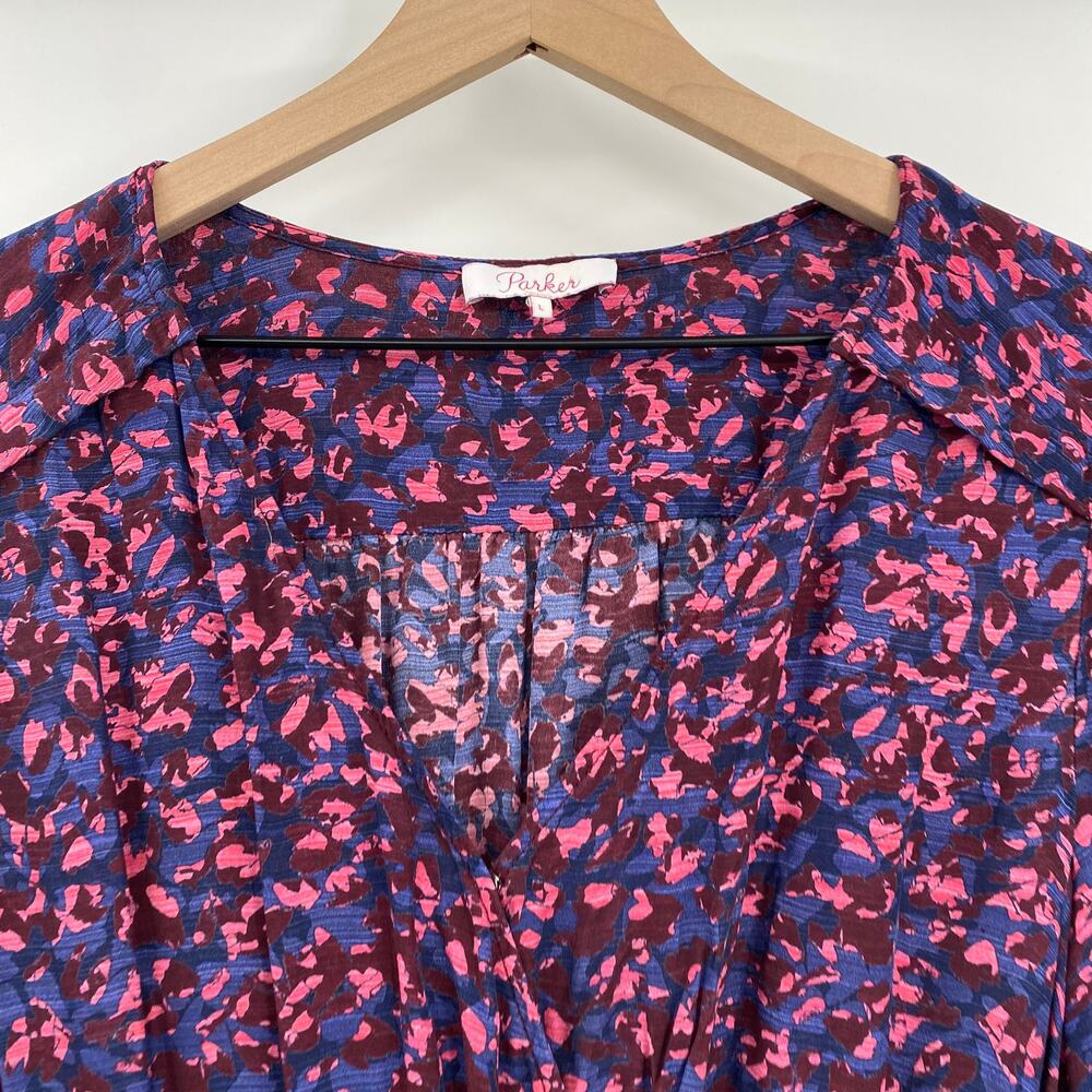 Parker Elizabeth Floral Long Sleeve Midi Dress Silk Blend Blouson Faux Wrap L - Picture 5 of 10